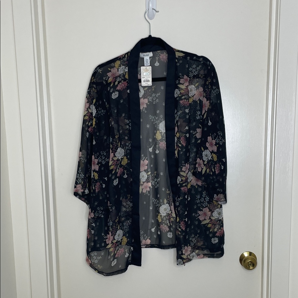 Mudd Floral Sheer Kimono - Black and Pink